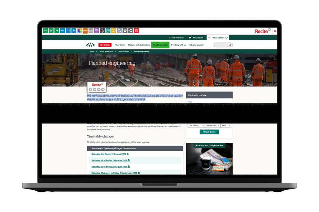 Laptop with great western railway website using the Recite Me assistive toolbar