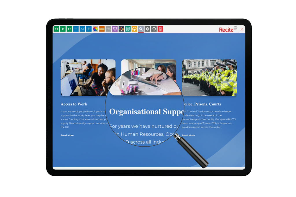 Tablet with Creased Puddle website using the Recite Me assistive toolbar