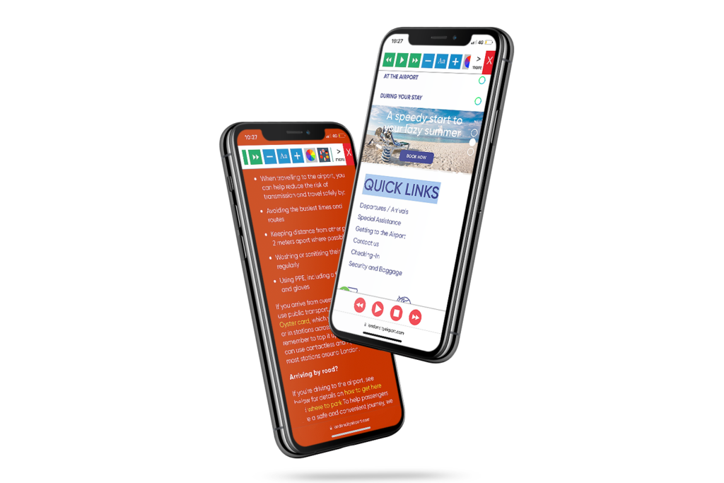 Mobiles with London City Airport website using the Recite Me assistive toolbar