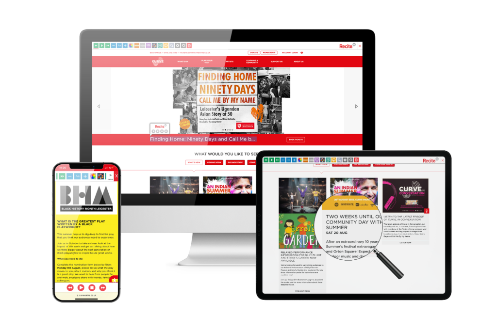 Desktop, mobile and tablet with Curve Theatre website using the Recite Me assistive toolbar