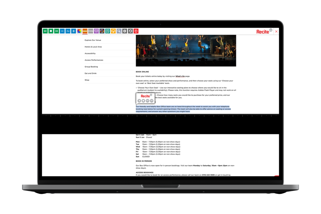 Laptop with Curve Theatre website using the Recite Me assistive toolbar