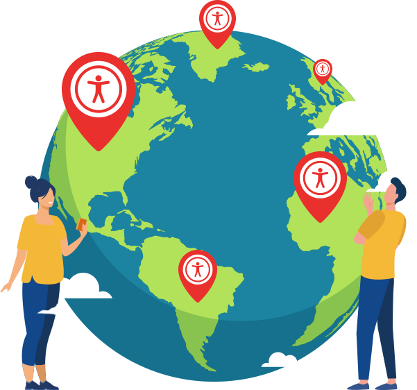 globe with location pins with accessibility icons