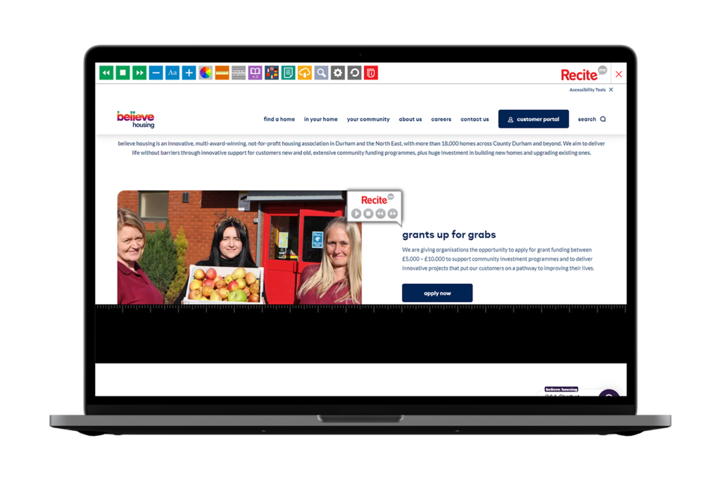 Laptop with Believe Housing website using the Recite Me assistive toolbar