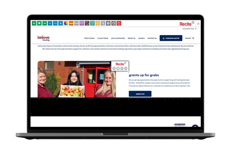 Laptop with Believe Housing website using the Recite Me assistive toolbar