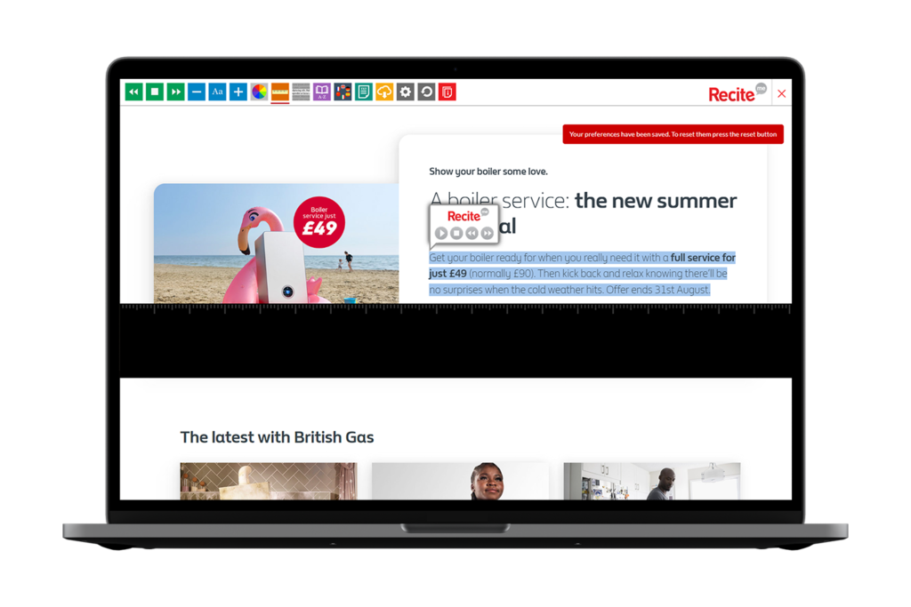 Laptop with British Gas website using the Recite Me toolbar