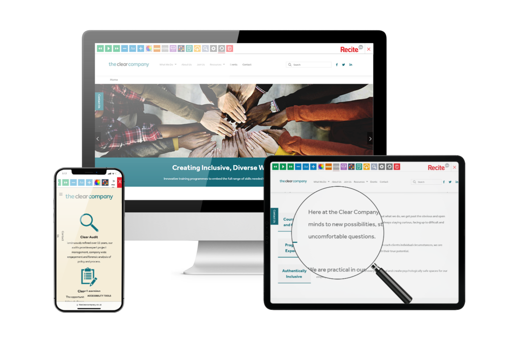 Desktop, mobile and tablet with The Clear Company website using the Recite Me assistive toolbar