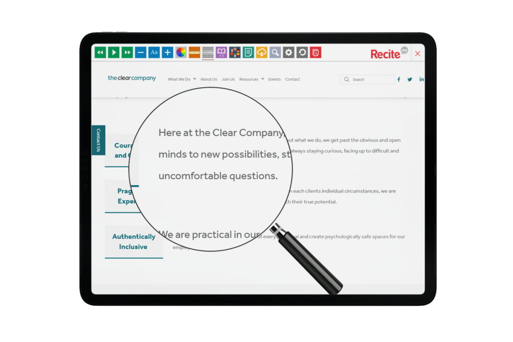 Tablet with The Clear Company website using the Recite Me assistive toolbar