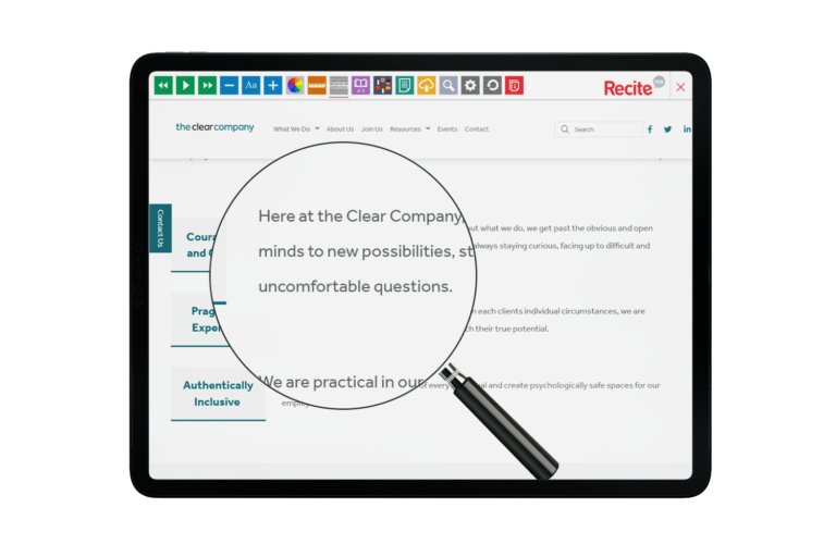 Tablet with The Clear Company website using the Recite Me assistive toolbar