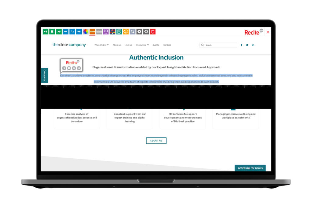 Laptop with The Clear Company website using the Recite Me assistive toolbar