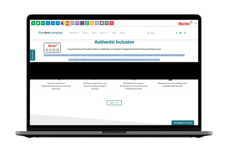 Laptop with The Clear Company website using the Recite Me assistive toolbar