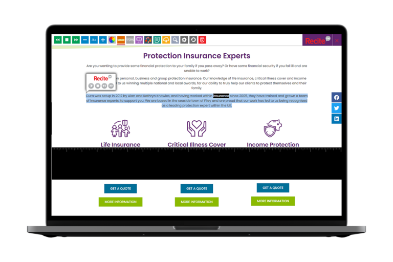 Laptop with Cura website using the Recite Me assistive toolbar