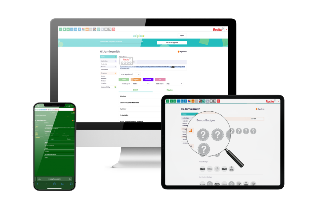 Desktop, mobile and tablet with Ed Place website using the Recite Me assistive toolbar