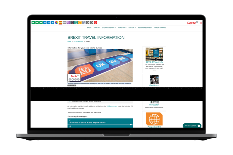 Laptop with Gatwick Airport website using the Recite Me assistive toolbar