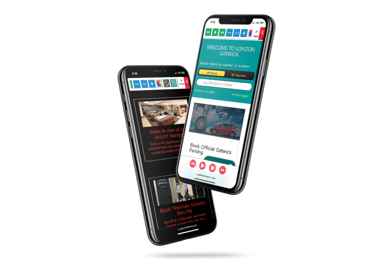 Mobiles with Gatwick Airport website using the Recite Me assistive toolbar