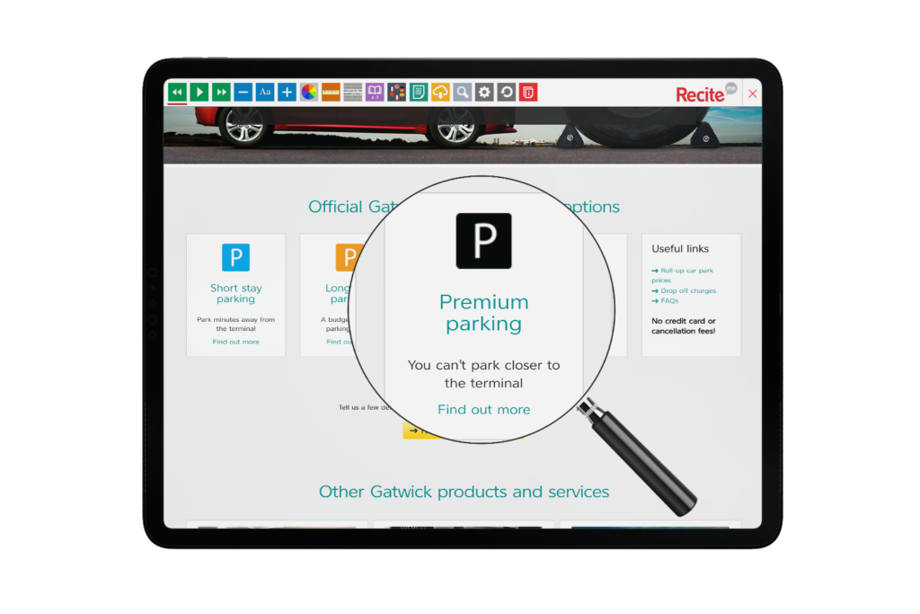 Tablet with Gatwick Airport website using the Recite Me assistive toolbar