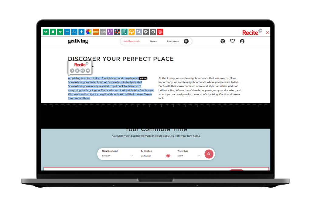 Laptop with Get Living website using the Recite Me assistive toolbar