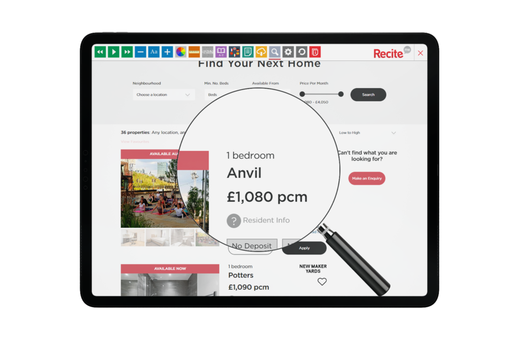 Tablet with Get Living website using the Recite Me assistive toolbar