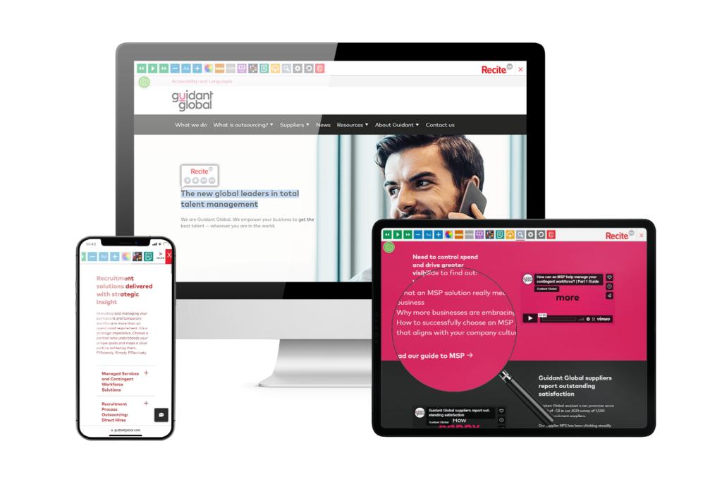 Desktop, mobile and tablet with Guidant Global website using the Recite Me assistive toolbar