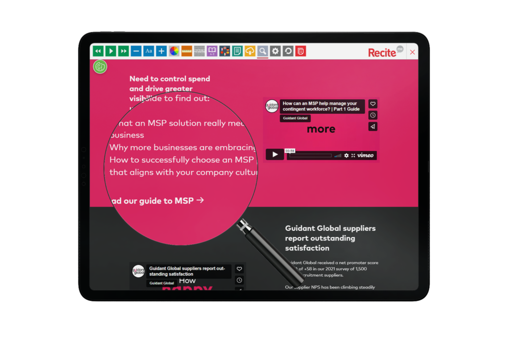 Tablet with Guidant Global website using the Recite Me Assistive Toolbar
