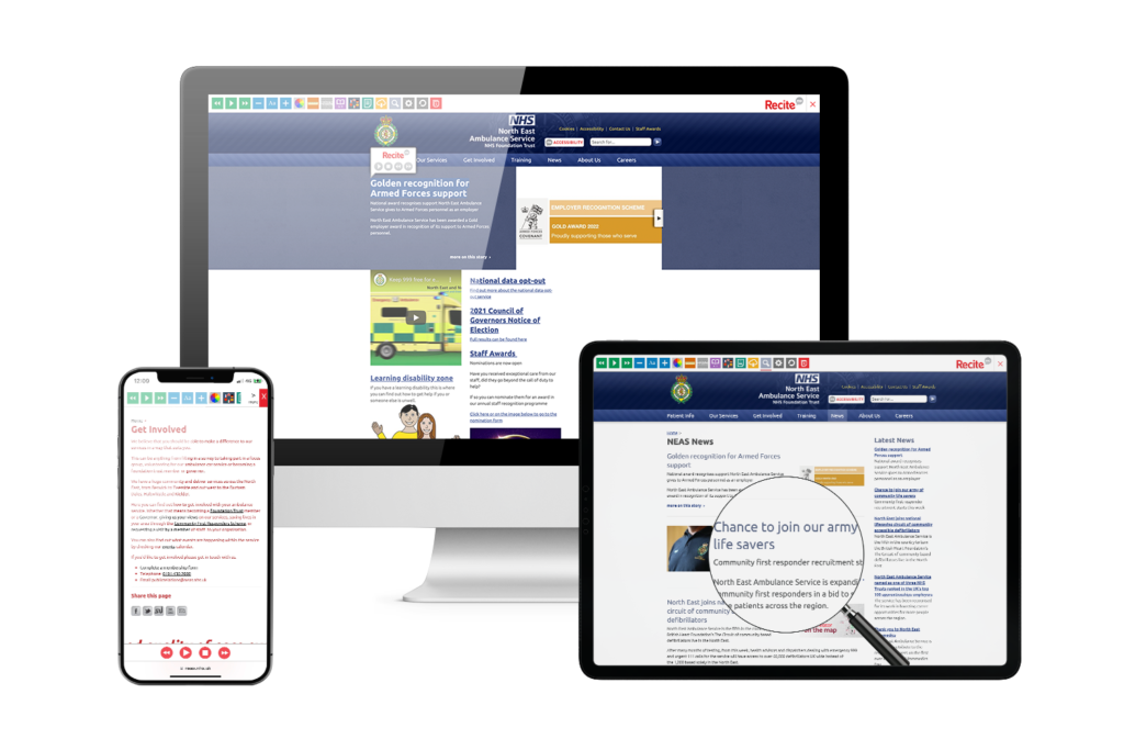 Desktop, mobile and tablet with North East Ambulance website using the Recite Me assistive toolbar