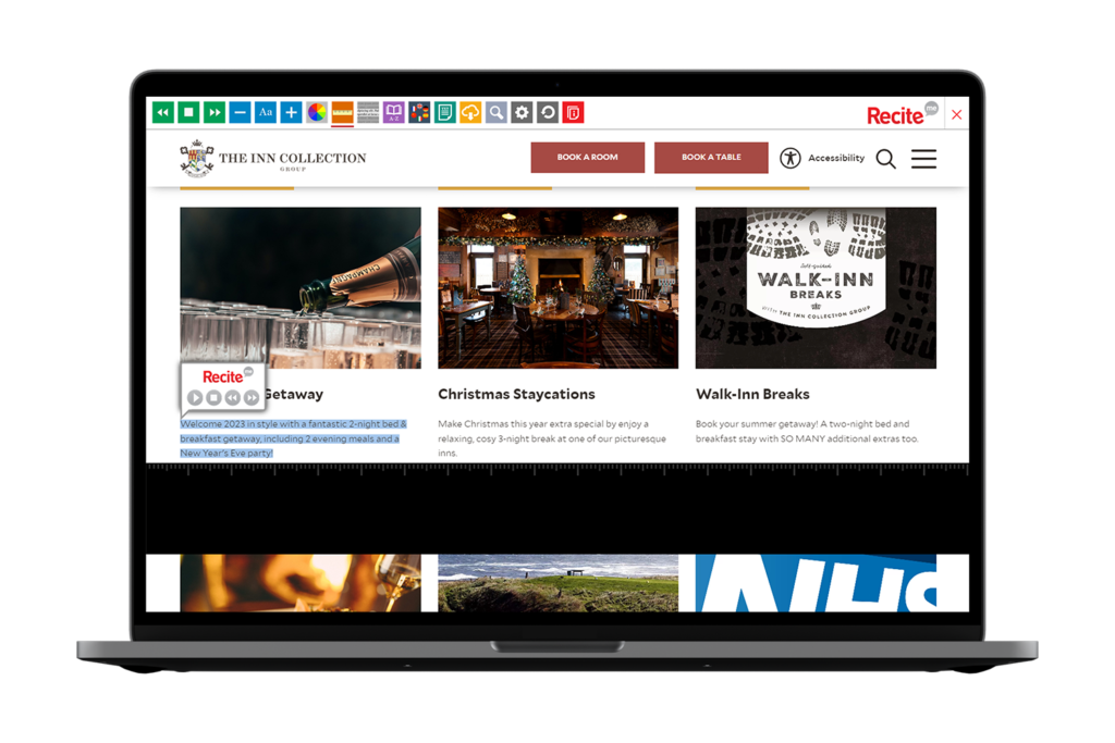 Laptop with The Inn Collection website using the Recite Me assistive toolbar