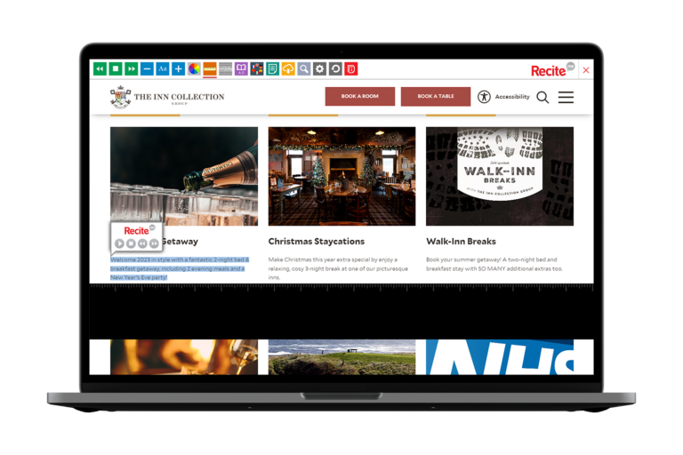 Laptop with The Inn Collection website using the Recite Me assistive toolbar