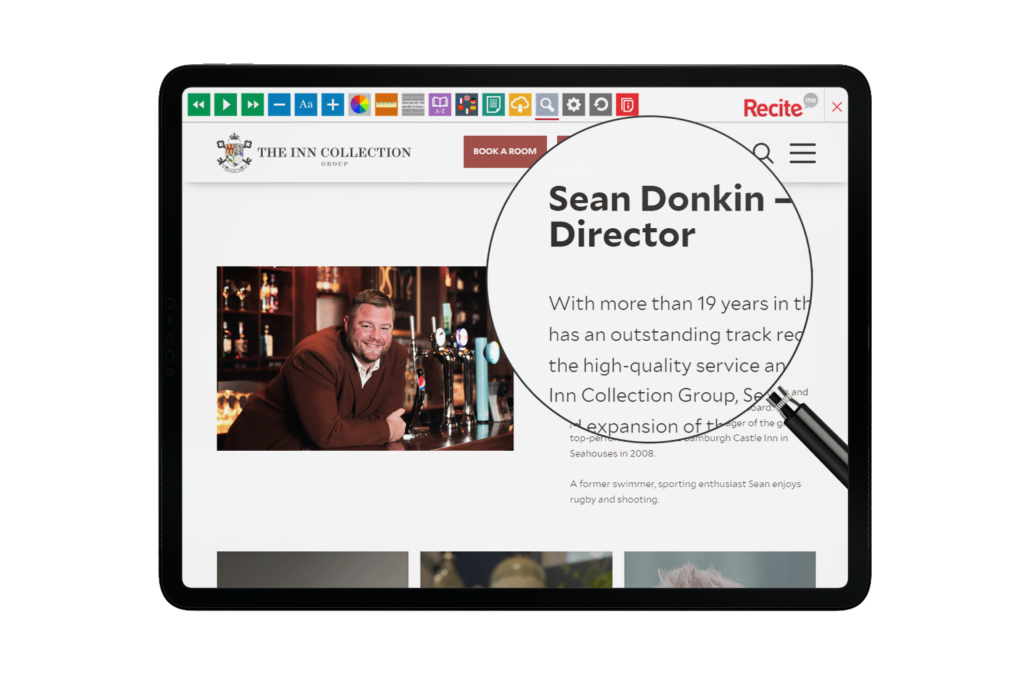 Tablet with The Inn Collection website using the Recite Me assistive toolbar