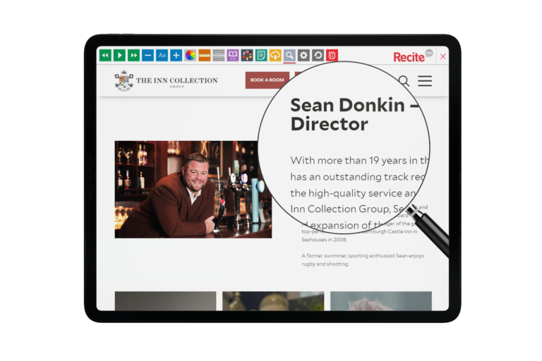 Tablet with The Inn Collection website using the Recite Me assistive toolbar