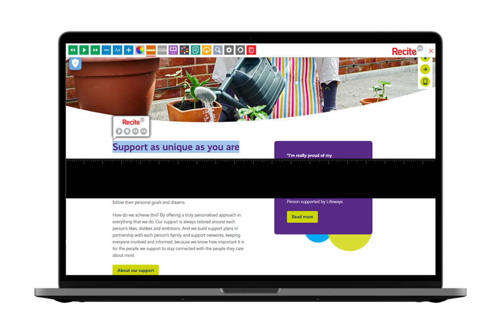 Laptop with Lifeways Logo website using the Recite Me assistive toolbar