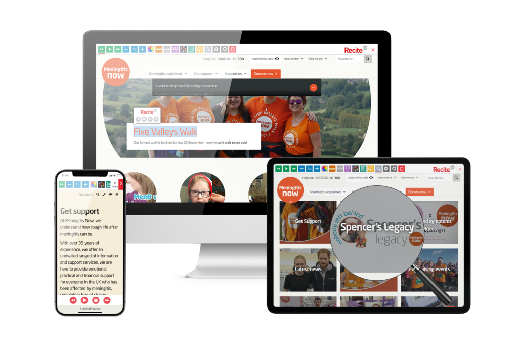 Desktop, mobile and tablet with Meningitis Now website using the Recite Me assistive toolbar