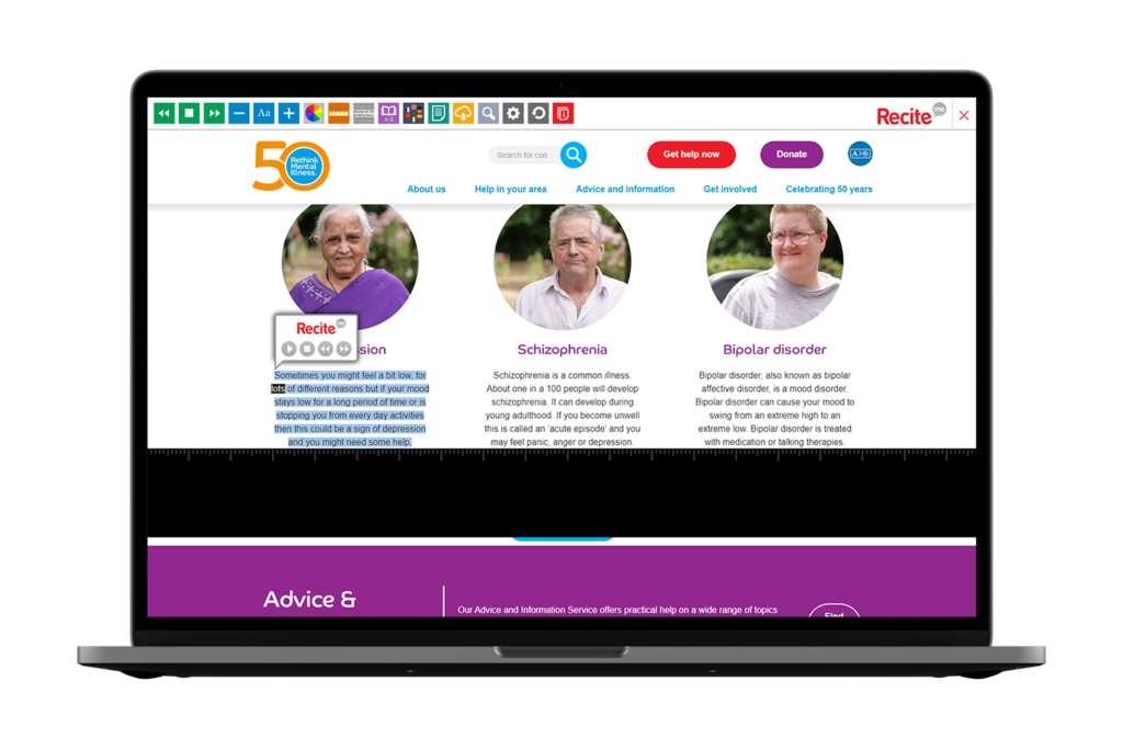 Laptop with Rethink Mental Illness website using the Recite Me assistive toolbar