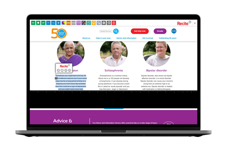 Laptop with Rethink Mental Illness website using the Recite Me assistive toolbar