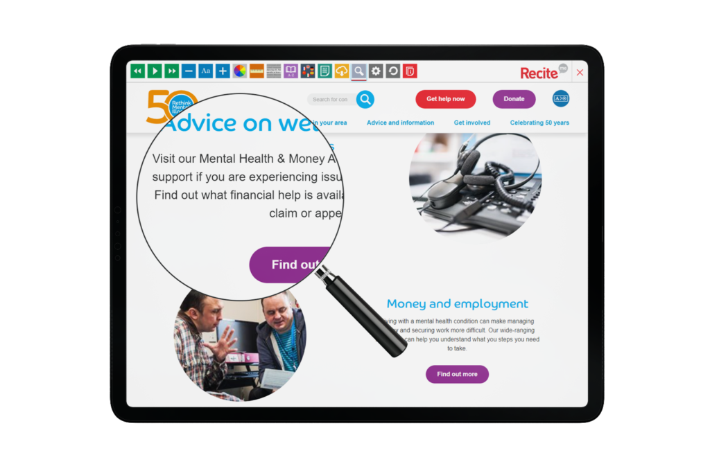 Tablet with Rethink Mental Illness website using the Recite Me assistive toolbar
