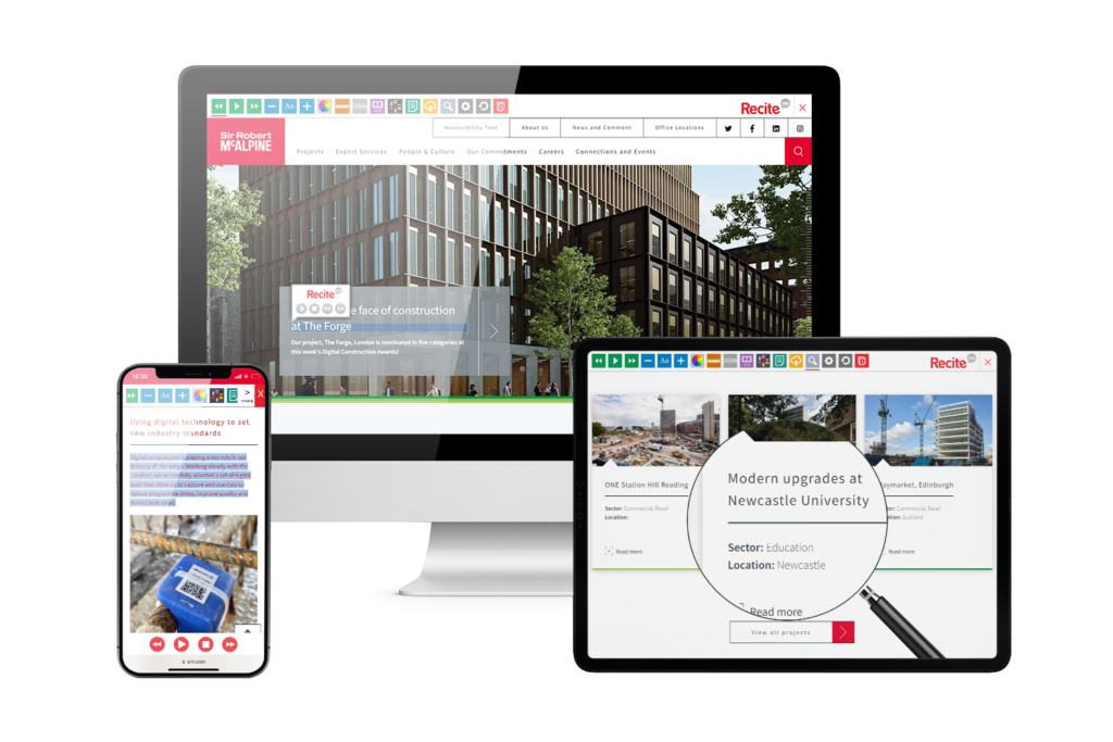 Desktop, mobile and tablet with Sir Robert Mcalpine website using the Recite Me assistive toolbar