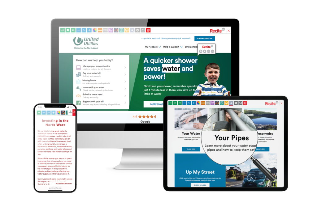 Desktop, mobile and tablet with United Utilities website using the Recite Me assistive toolbar