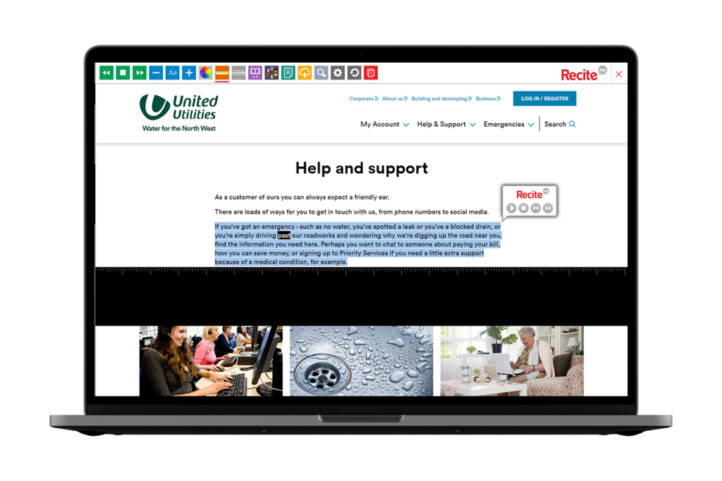 Laptop with United Utilities website using the Recite Me assistive toolbar