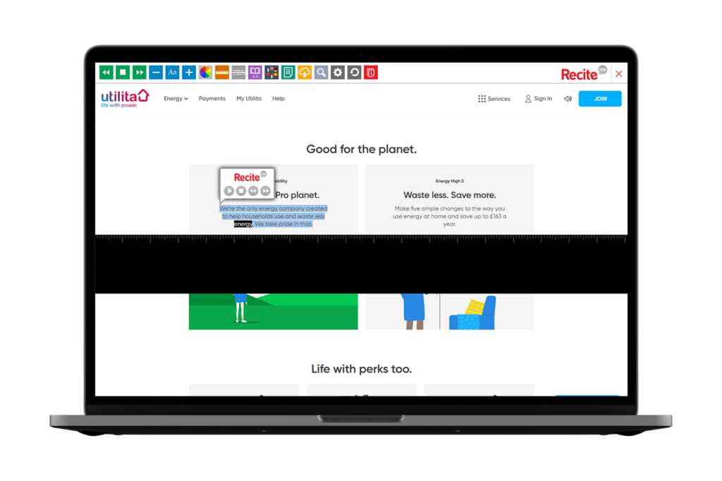 Laptop with Utilita website using the Recite Me assistive toolbar