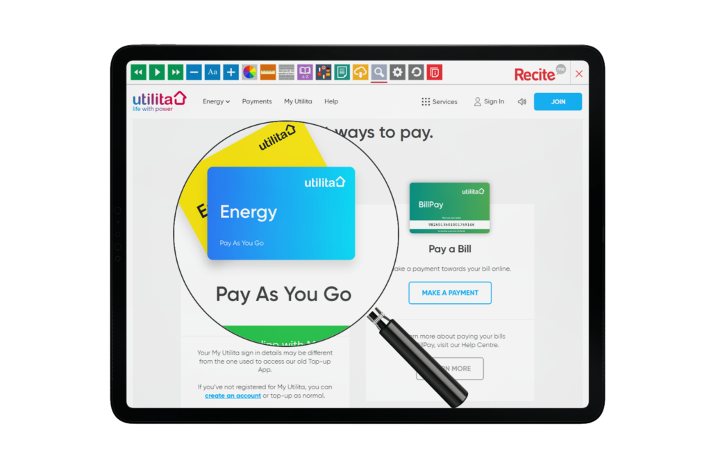 Tablet with Utilita website using the Recite Me assistive toolbar