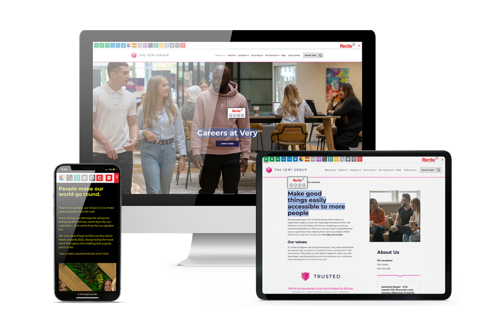 Desktop, mobile and tablet with Very website using the Recite Me assistive toolbar
