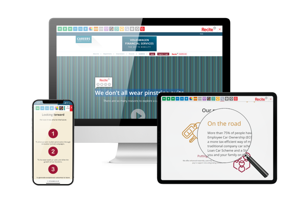 Desktop, mobile and tablet with Volkswagen website using the Recite Me assistive toolbar
