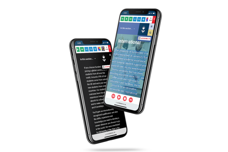 Mobiles with University of Sunderland website using the Recite Me assistive toolbar