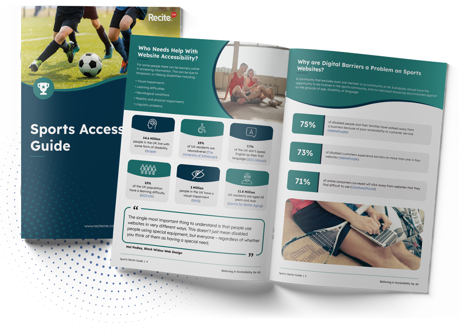 The Sports Access Guide, with cover displayed and an example spread of it's contents