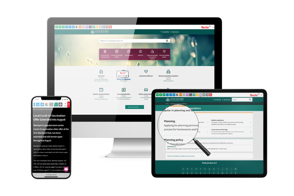 Desktop, mobile and tablet with Stockport Metropolitan Borough Council website using the Recite Me assistive toolbar