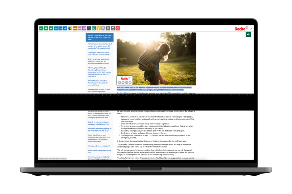 Laptop with Yorkshire Ambulance Service website using the Recite Me assistive toolbar