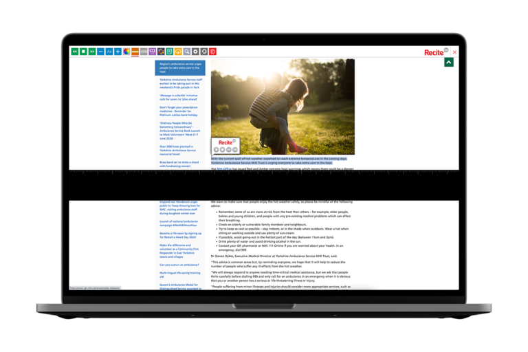 Laptop with Yorkshire Ambulance Service website using the Recite Me assistive toolbar