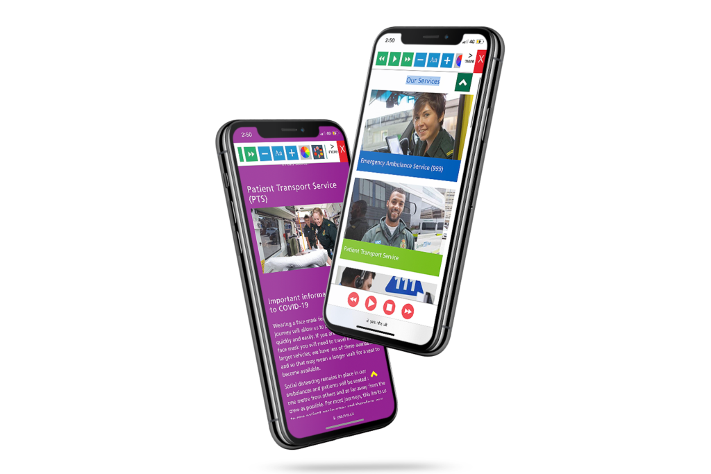 Mobiles with Yorkshire Ambulance Service website using the Recite Me assistive toolbar