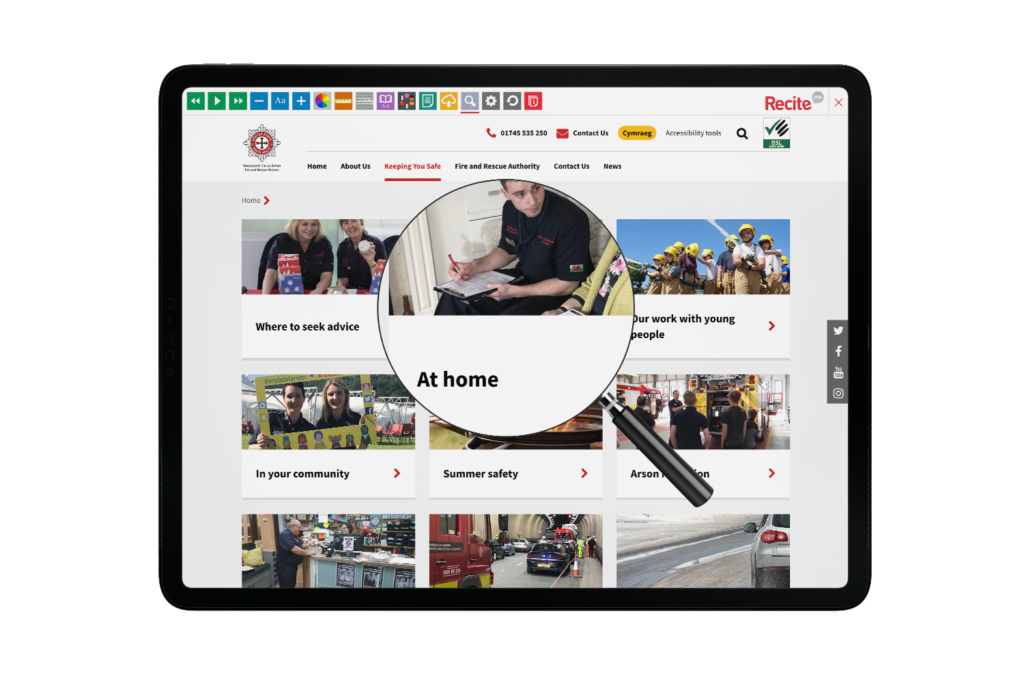 Tablet with North Wales Fire & Rescue website using the Recite Me assistive toolbar
