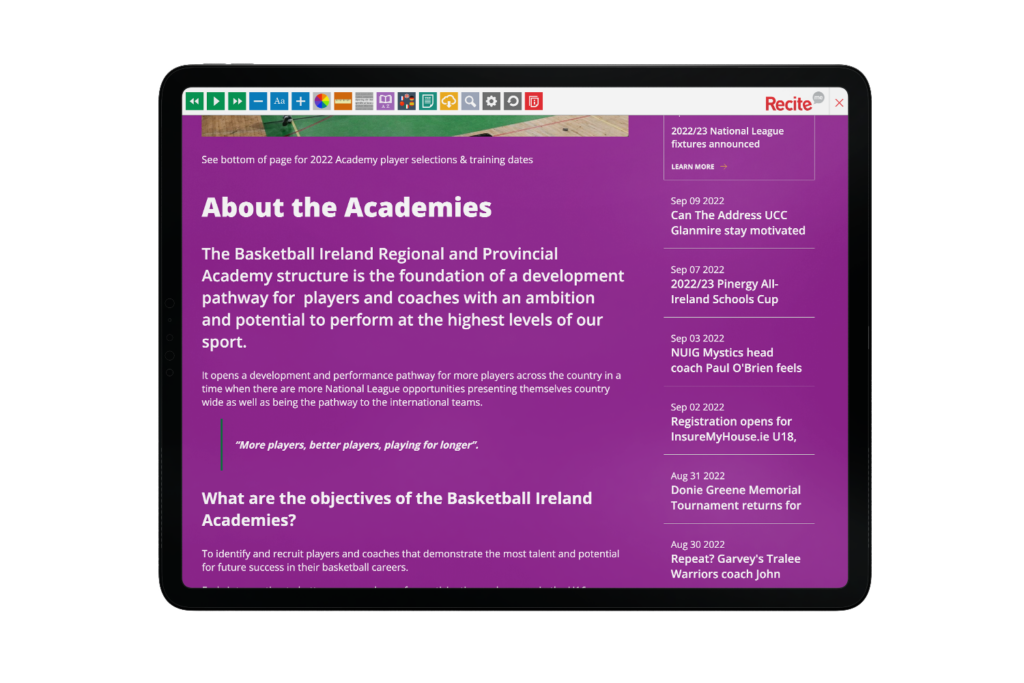 Basketball Ireland website with Recite Me onscreen