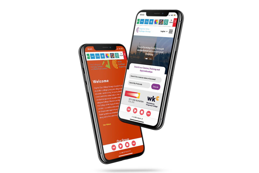 Capital City College website with Recite Me on mobile screen