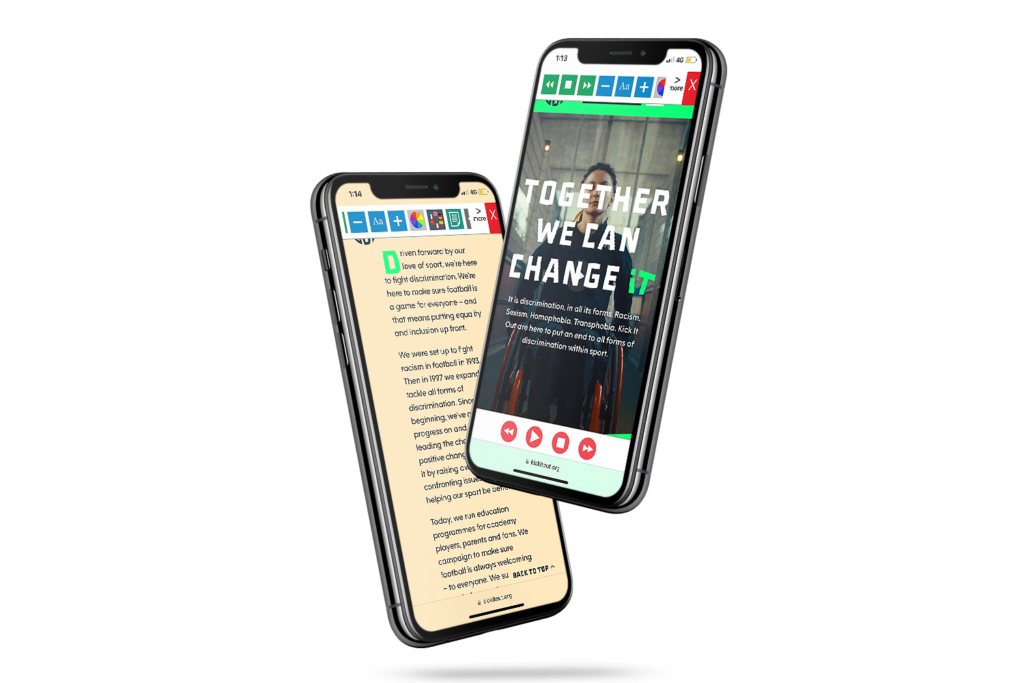 Kick It Out website with Recite Me on mobile screen